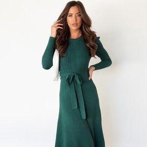 Round Neck Long Sleeve Tie Waist Sweater Dress
